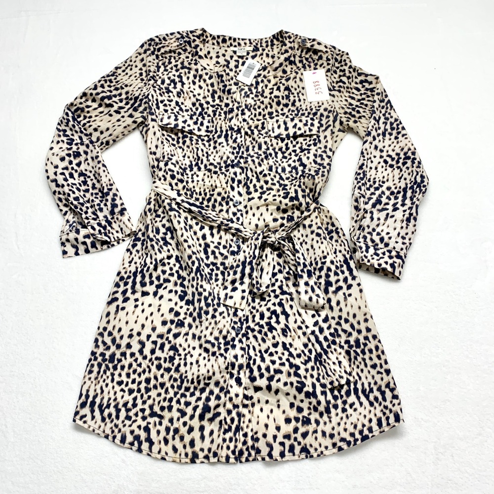 Bar III Leopard Print Button Down Shirt Dress Womens Size S Tan Black Polyester